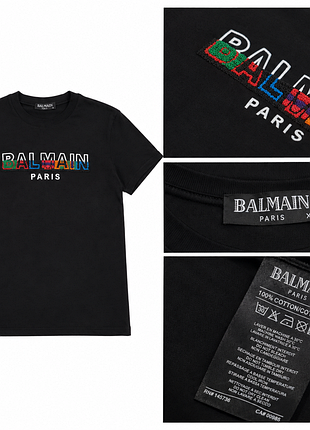 Футболка чоловіча balmain paris чорна з різнокольоровим логотипом