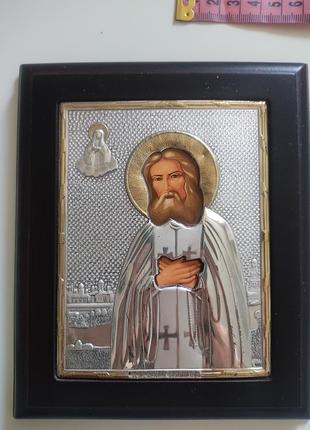 Греческая серебряная икона трогающий сарафим саровский от clarte, 14х17 см (серебро 925)