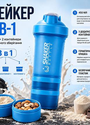 Шейкер спортивный apex shakerbottle, 450 мл, с двумя контейнерами 100 и 1500 мл и отсеком для витаминов, bpa free, синий