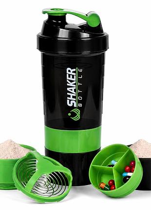 Шейкер спортивный apex shakerbottle, 500 мл, с двумя контейнерами 150 и 200 мл и отсеком для витаминов, bpa free, зеленый