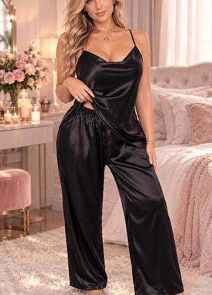 Женская пижама со штанами 3xl 4xl черная на тонких бретелях plus-size 4xl
