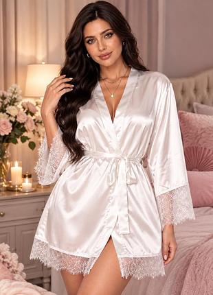 Халат атласный белый с кружевом 3xl 4xl короткий с поясом на запах в большом размере