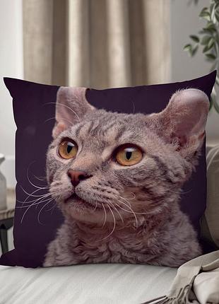 Декоративна подушка з котом породи «девон-рекс» wonkey, 33×33 см, плюш, двосторонній фотопринт — 1349535