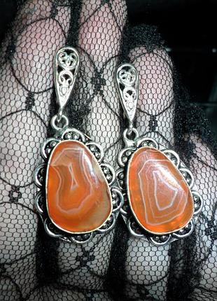 Серьги огненный агат, натуральный камень, измельчение, индия