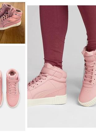 Зимові високі кеди puma carina 2.0 mid/ рожеві хайтопи пума з хутром