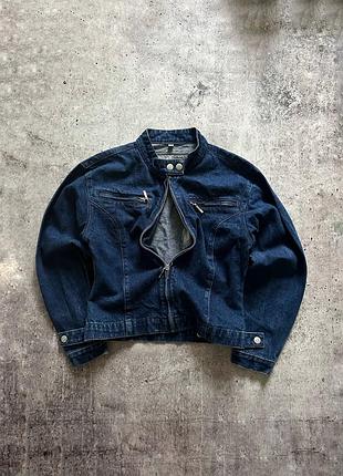 Куртка жіноча джинсова вінтажна biker jacket на молніі з широкими рукавами m l темно синя