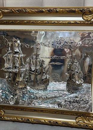 Об'ємна срібна картина-панно з італійським сюжетом морського бою в сріблі