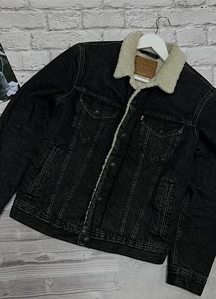 Чоловіча сіра джинсова куртка levi's sherpa trucker jacket з підкладкою з овчини класична теплий трекер шерпа бу s-m оригінал коуч джинсовка левіс