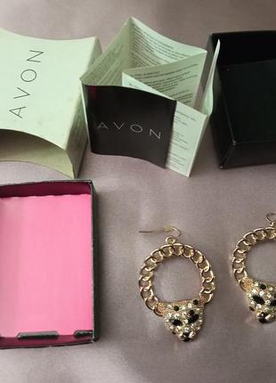 Сережки для жінок avon круглі ланцюги з головою пуми, металевий сплав, білі та чорні кристали