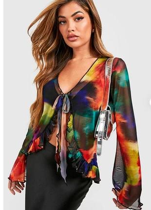 Блуза сетка с завязками разноцветная от boohoo
