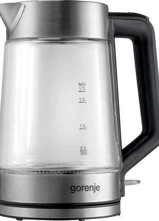 Електрочайник gorenje 1.7л, 2,200 вт, strix контроль, скло, білий