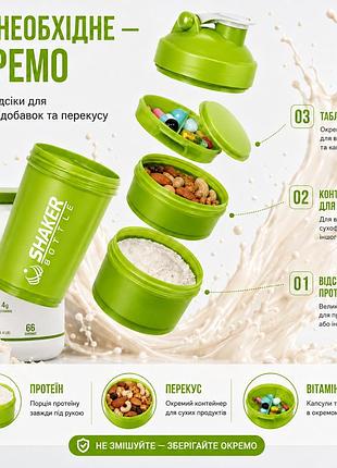 Шейкер спортивный apx shakerbottle, 450 мл, с двумя контейнерами 100 и 1500 мл и отсеком для витаминов, bpa free, зеленый