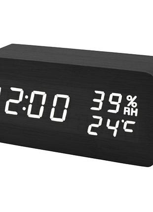Годинник мережевий білий, (корпус чорний) температура, вологість, usb