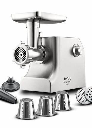 М'ясорубка tefal, 2200вт, продук.-5.5кг/хв, 3 решітки + для ковб.,кеббе, 3 терок, метал