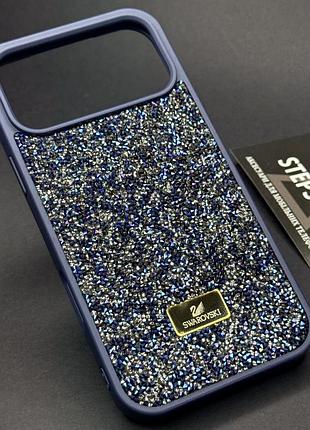 Чехол для iphone 17 pro с камушками стразами силиконовый противоударный блестящий женский темно-синий