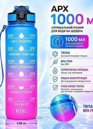 Пляшка для води apx 1000 мл, мотиваційна, tritan bpa free, синьо-фіолетова, для спорту та щоденного використання