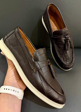 Лоферы мужские кожаные коричневые loro piana kroko brown! туфлі лофери чоловічі шкіряні коричневі класичні хіт! натуральна шкіра! розміри 40-46!