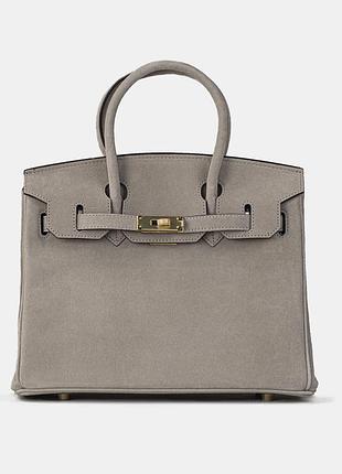 Birkin 25 premium женская брендовая сумка натуральная замша серая люкс комплект