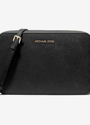 Сумка женская michael kors jet set large east west black/gold leather crossbody bag чёрная