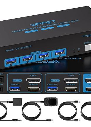 Kvm-перемикач vpfet hdmi&dp відеокомутатор для 2 комп'ютерів, 2 монітори з 4 портами usb 3.0