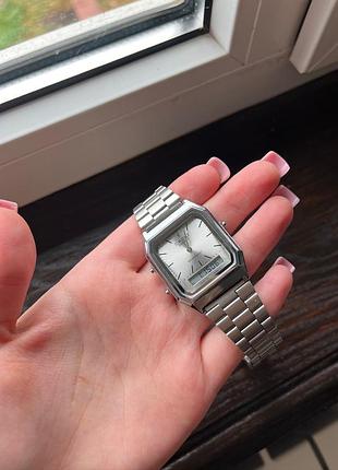 Женские часы casio aq-230a – серебристый, классический дизайн, аналогово-цифровой циферблат, стальной браслет