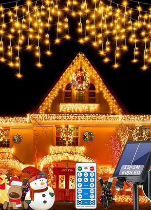 Сонячні різдвяні вогні 600 led 20 м rjedl solar icicle lights сонячні гірлянди-«сосулькі» з дистанційним керуванням