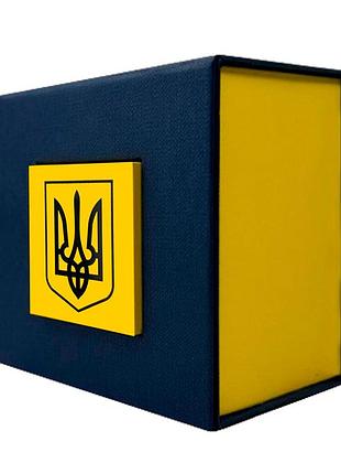 Подарункова картонна коробочка для годинника синьо-жовта з чорним тризубом