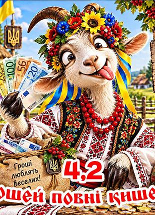 Магніт коза символ 2027 рік кози es4,2 новорічний подарунок магніти з побажаннями 6,5х6,5см грошей повні кишені