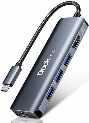 Многопортовый адаптер docktech 5 in 1 usb-c hub dd0031 до 100 вт док станция 3 порта usb 3.0, hdmi 8k 30 гц