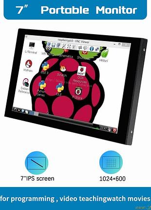 Портативный монитор 7" 1024x600 ips lcd дисплей экран с динамиками для ноутбука raspberry pi hdmi vga av