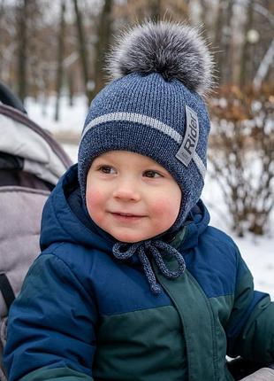 Детская вязаная шапка на флисе с ушками и завязками alex for kids «райдер», р. 46–50 см (синяя)