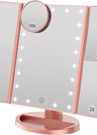Weily дзеркало для макіяжу зі світлом 21 led збільшення 1x/2x/3x регульоване сенсорне 180° трьохсекційне складне