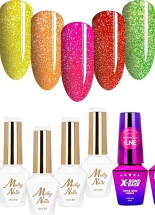 Набір з 7 продуктів: 5x гель-лак mollynails 8г skittle nails + база і топ-покриття літній набір