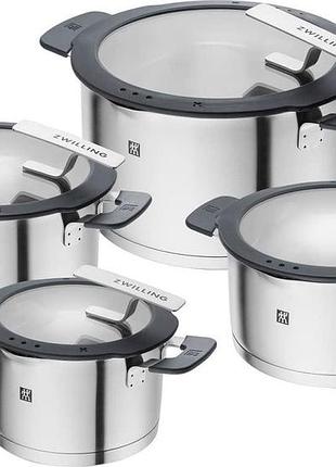 Zwilling simplify набір каструль з нержавіючої сталі 4 предмети з вбудованим ситом у кришці індукційний сріблясто-чорний