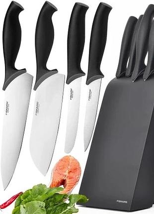 Fiskars набір комплект 5 ножів ніж шефа чорна блокада дерев'яний блок гострий сталевий 5 ножів ніж сталева