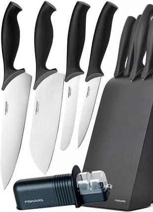 Fiskars набір з 5 кухонних ножів у дерев'яному блоку з точилкою