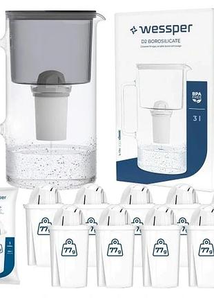 Фільтруючий скляний кувшин wessper 3l чорний + 10 фільтрів aquaclassic