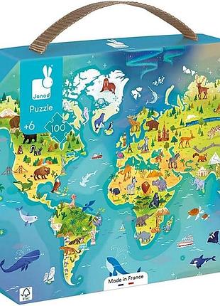 Janod дитячі пазли le monde 100 елементів розвиваюча гра для дрібної моторики та концентрації валізка з ручкою виготовлено у