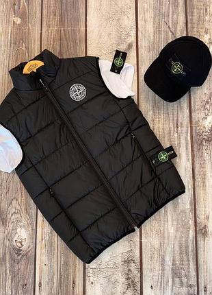 Мужская жилетка stone island черная без капюшона из плащевки безрукавка стон айленд весенняя осенняя m (b)