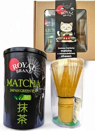 Набір для чаю matcha японський органічний 100 г з бамбуковою мітлою chasen "кіт"