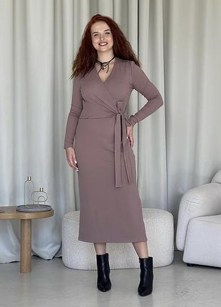 Тепла довга сукня на запах в рубчик на флісі бежева merlini аппо 700001442 2xl/3xl