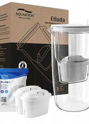 Фільтруючий скляний кувшин етюд білий + 2 запасних картриджі pure+ aqualogis 2.9л