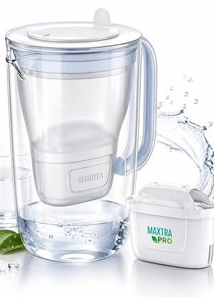 Глечик brita для фільтрації води скляний glass 2,5 л білий + фільтр maxtra pro