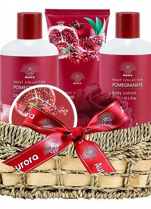 Подарунковий набір aurora 4 косметики в плетеному кошику + мочалка гранат