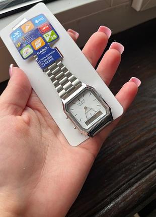 Casio aq-230 — мужские наручные часы, серебристый корпус, белый циферблат, аналогово-цифровой, ретро дизайн