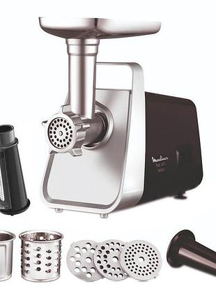 М'ясорубка moulinex, 1600вт, продук.-1.9кг/хв, 3 решітки + для ковбас., 3 терки, насадка для томатів, пластик+мет, чорно-сріб.