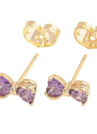 Сережки пусети позолота 14k бузкові кристальні банти (311578) тм xuping
