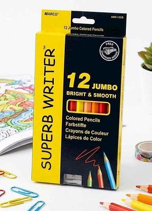 Карандаши цветные 12кол. 4400-12св, шестигранные толстые, с точилкой, super writer тм marco