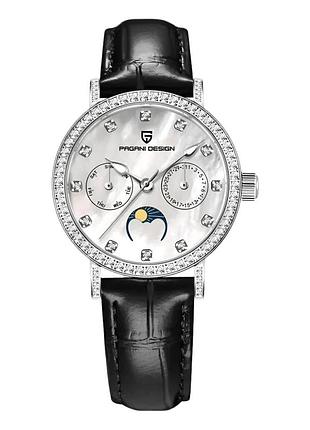 Женские часы pagani design pd-1789 silver-white-black leather с сапфировым стеклом и фазами луны