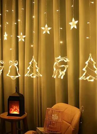 Гирлянда штора с формами колокольчик, елка, олень 12 pcs light